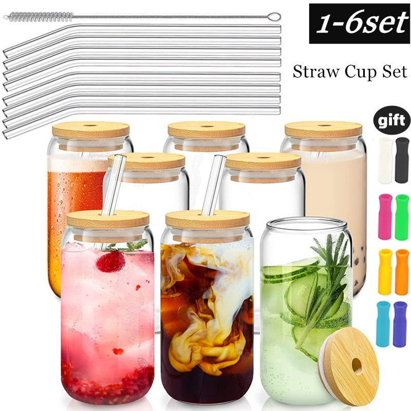 Drinking Glasses with Bamboo Lids and Glass Straw 16oz Can Shaped Glass Cups Beer Glasses Iced Coffee Glasses Ideal for Whiskey